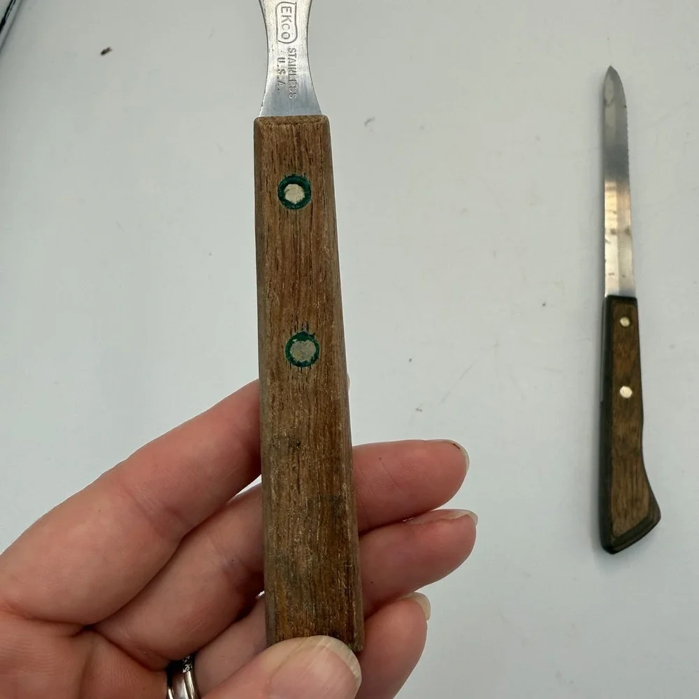 Vintage Ekco Flint Stainless Vanadium Knife and Meat Granny Fork Wood Handle USA